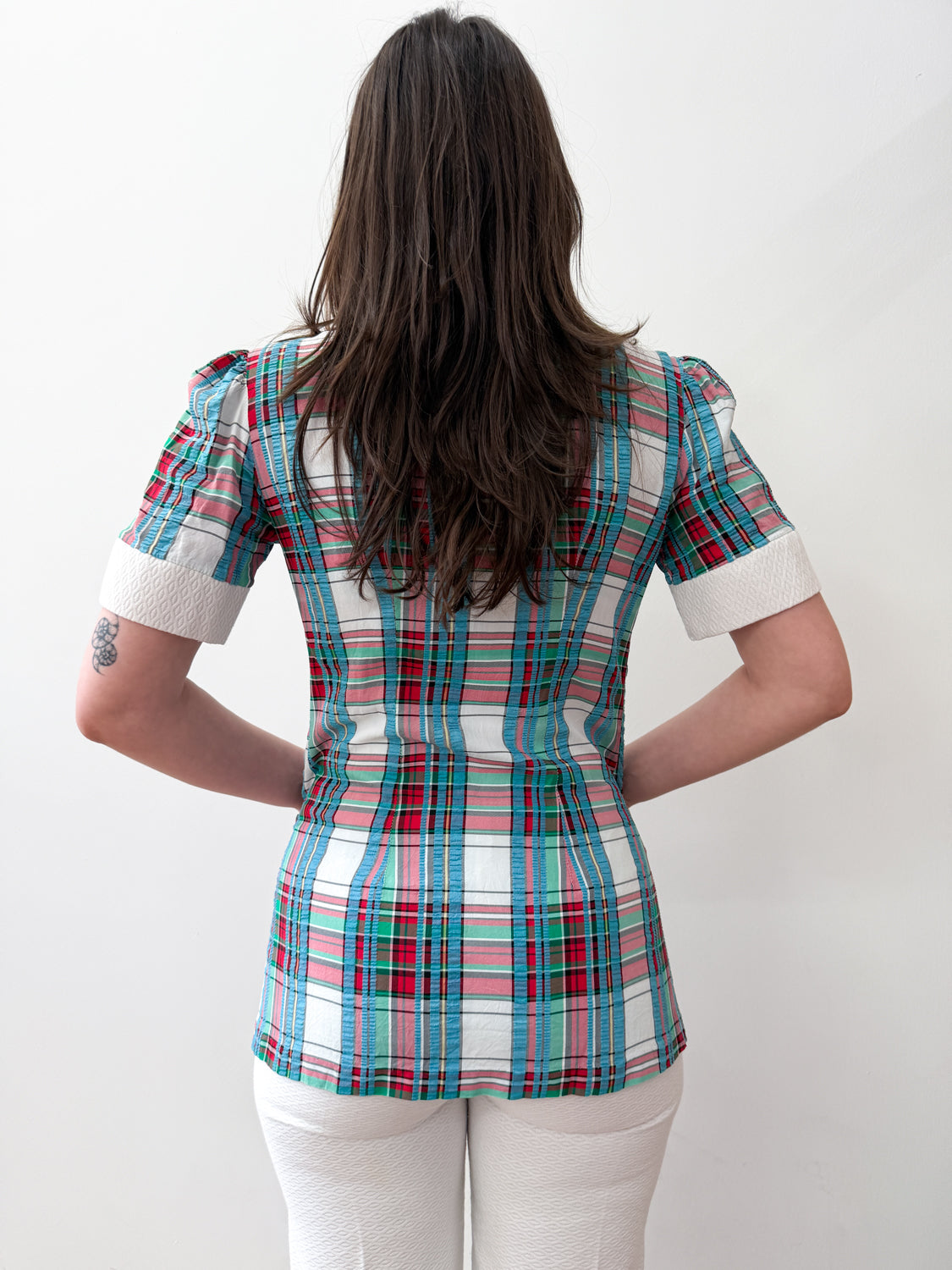 1970s Vintage Plaid Seersucker Top and Pant Two Piece Set