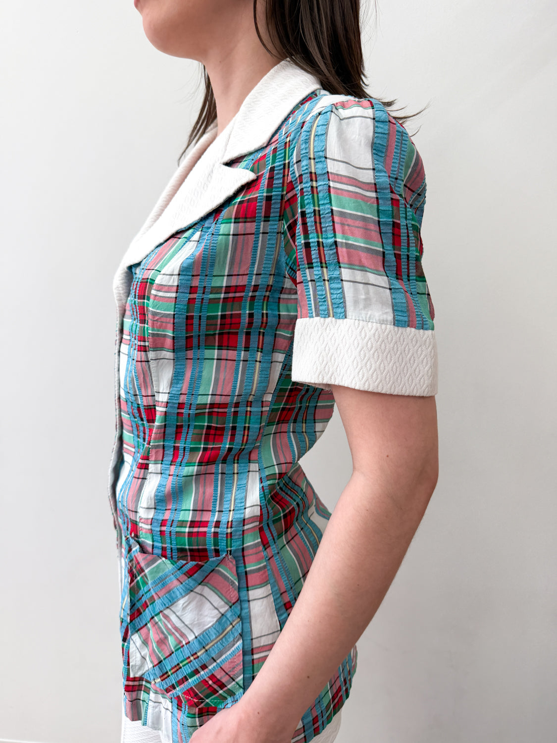 1970s Vintage Plaid Seersucker Top and Pant Two Piece Set