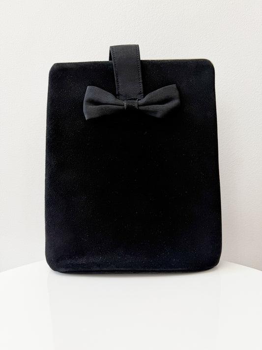 1950s Black Suede Bow Tie Hand Bag by Kessler