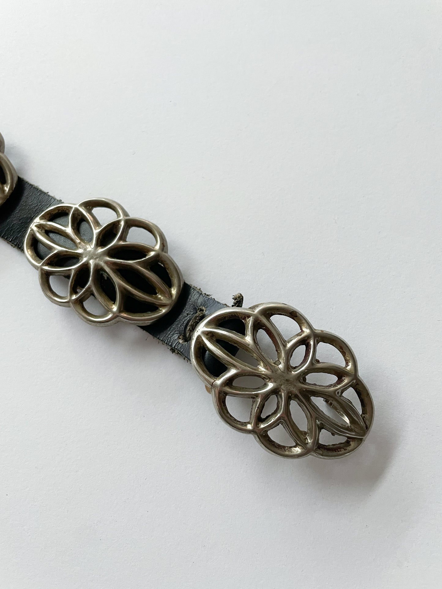 1970s Vintage Navajo Sandcast Sterling Silver and Leather Concho Belt