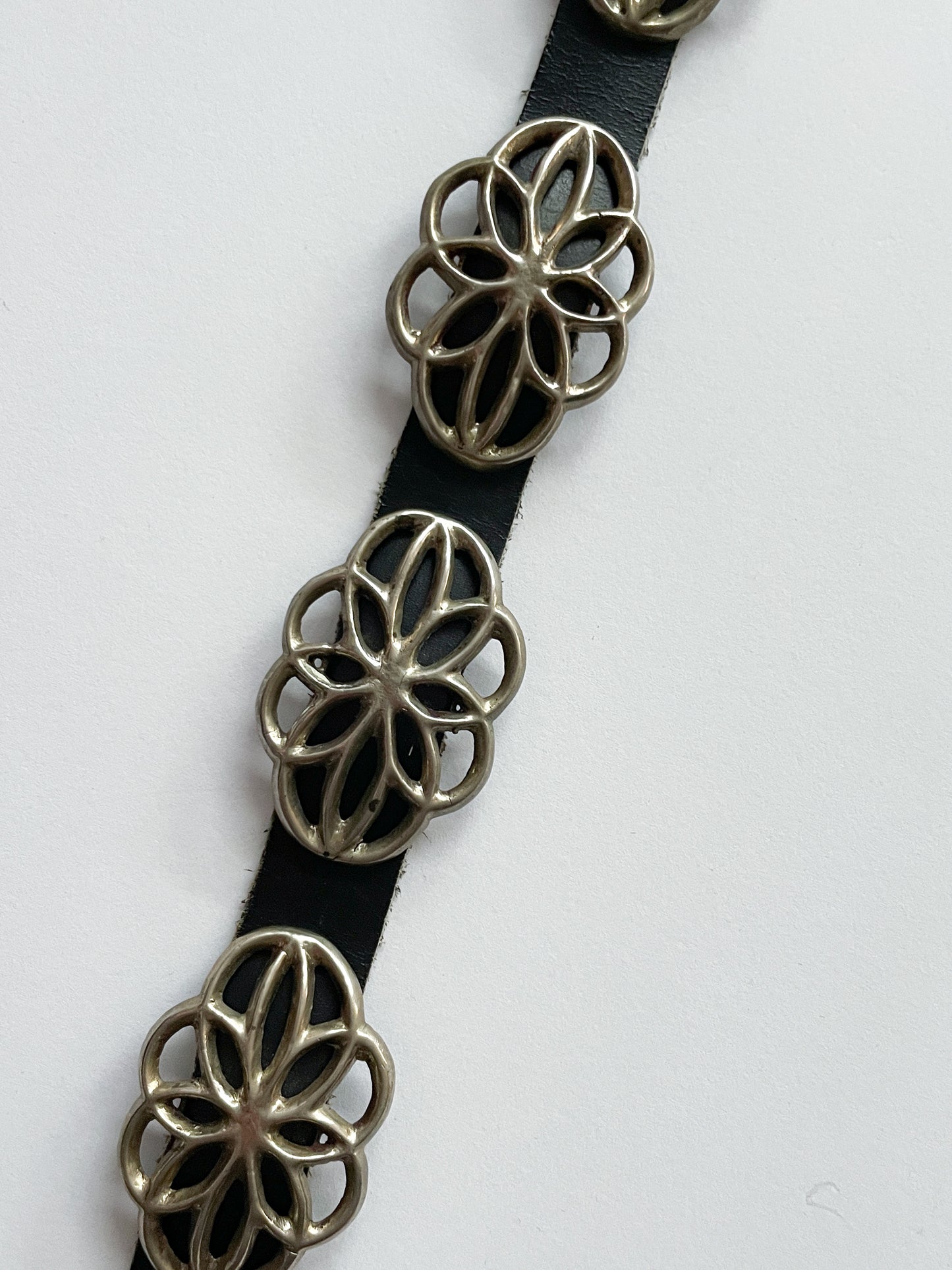 1970s Vintage Navajo Sandcast Sterling Silver and Leather Concho Belt