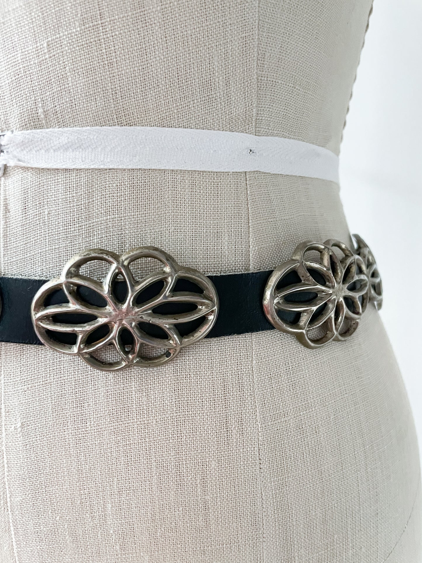1970s Vintage Navajo Sandcast Sterling Silver and Leather Concho Belt