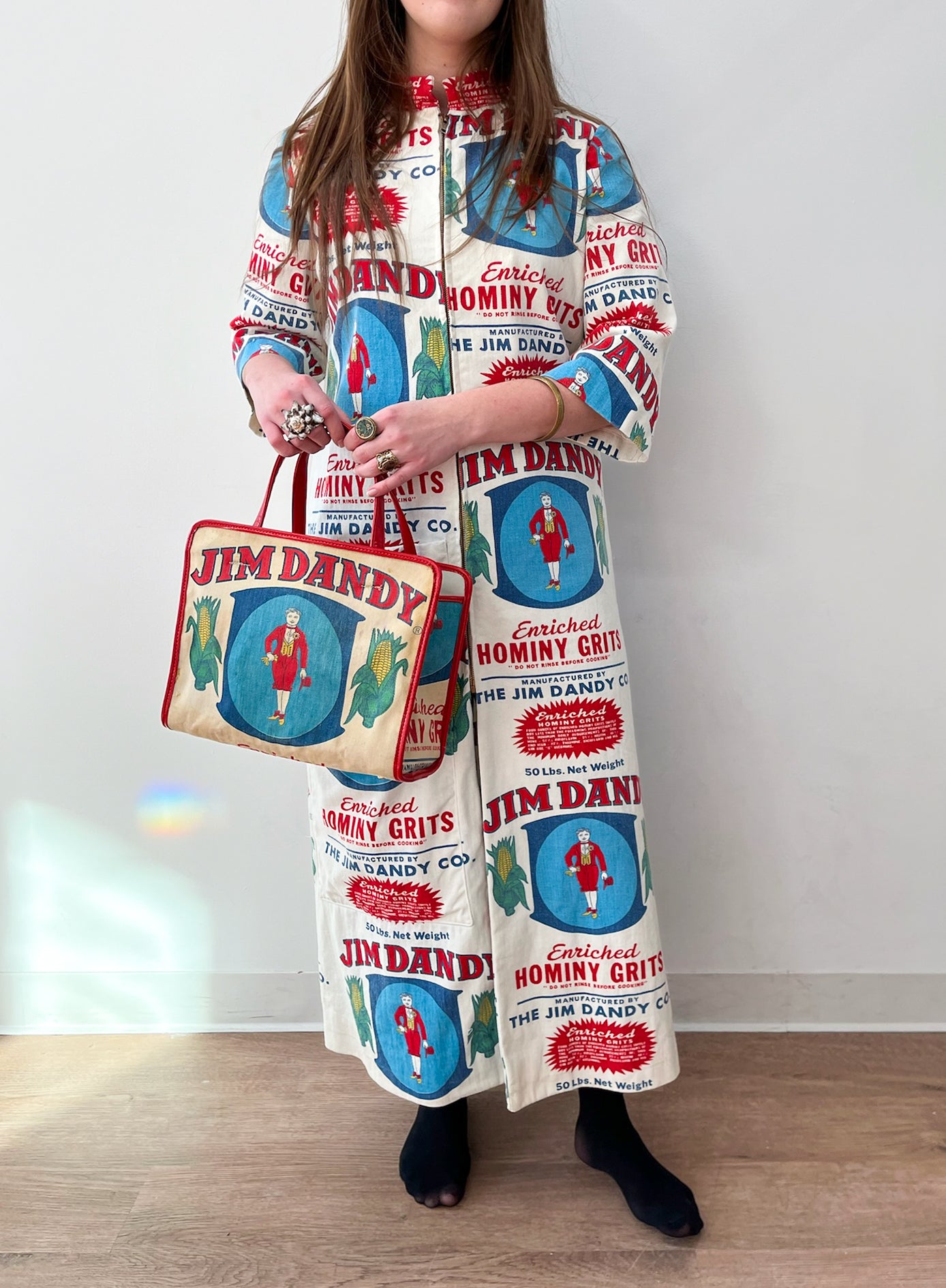 1970s Vintage Jim Dandy Hominy Grits Feedsack Advertising Coat and Purse Set