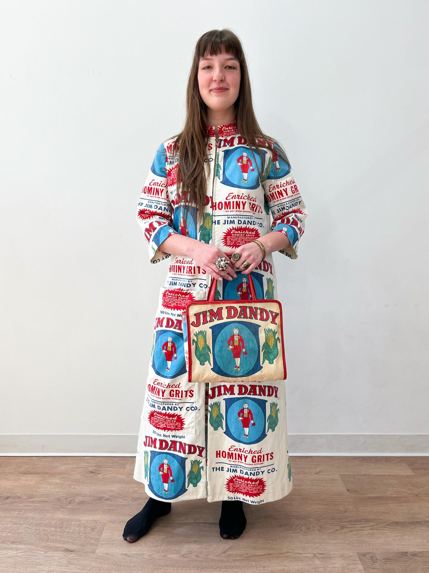 1970s Vintage Jim Dandy Hominy Grits Feedsack Advertising Coat and Purse Set