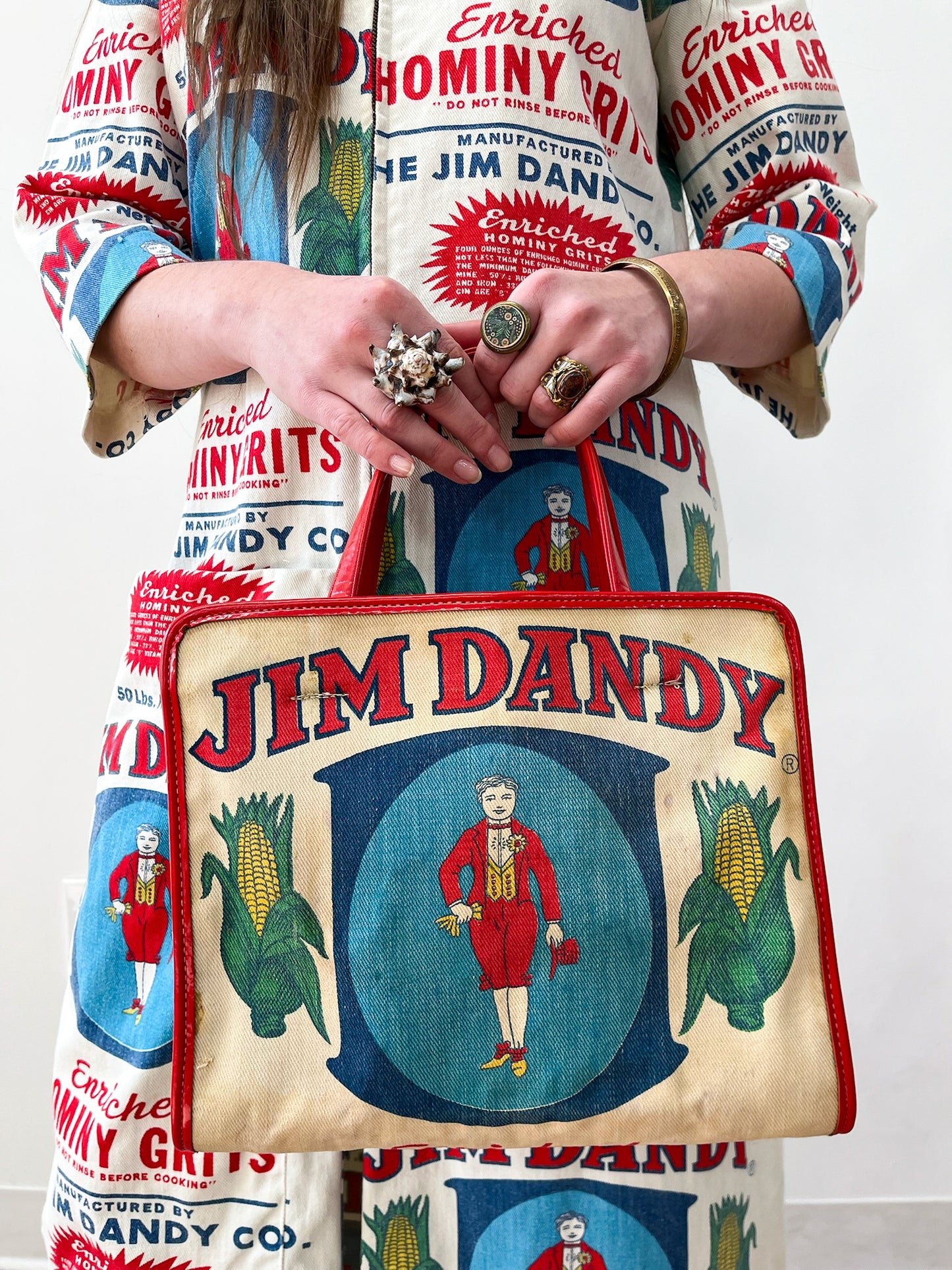 1970s Vintage Jim Dandy Hominy Grits Feedsack Advertising Coat and Purse Set