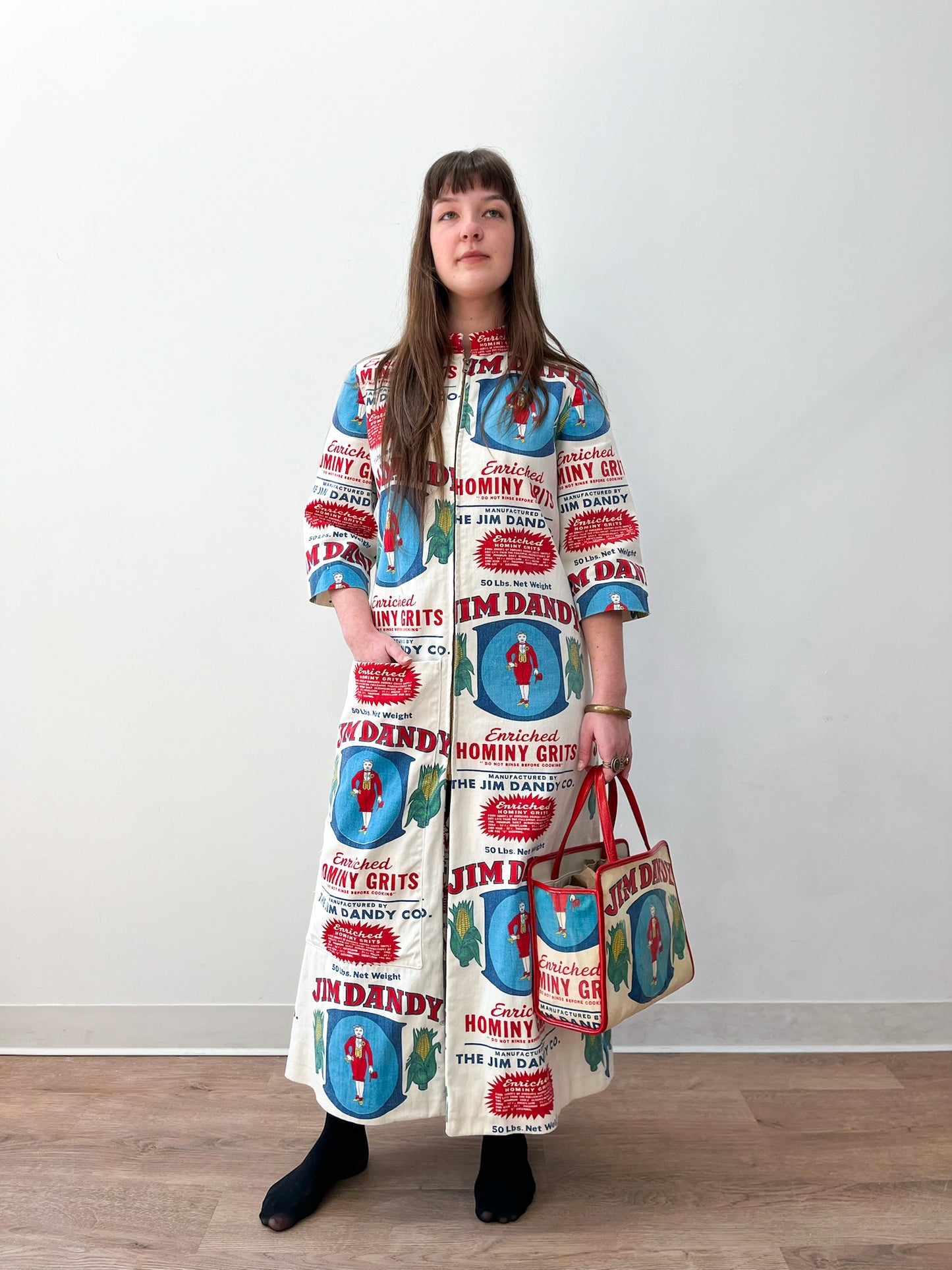 1970s Vintage Jim Dandy Hominy Grits Feedsack Advertising Coat and Purse Set