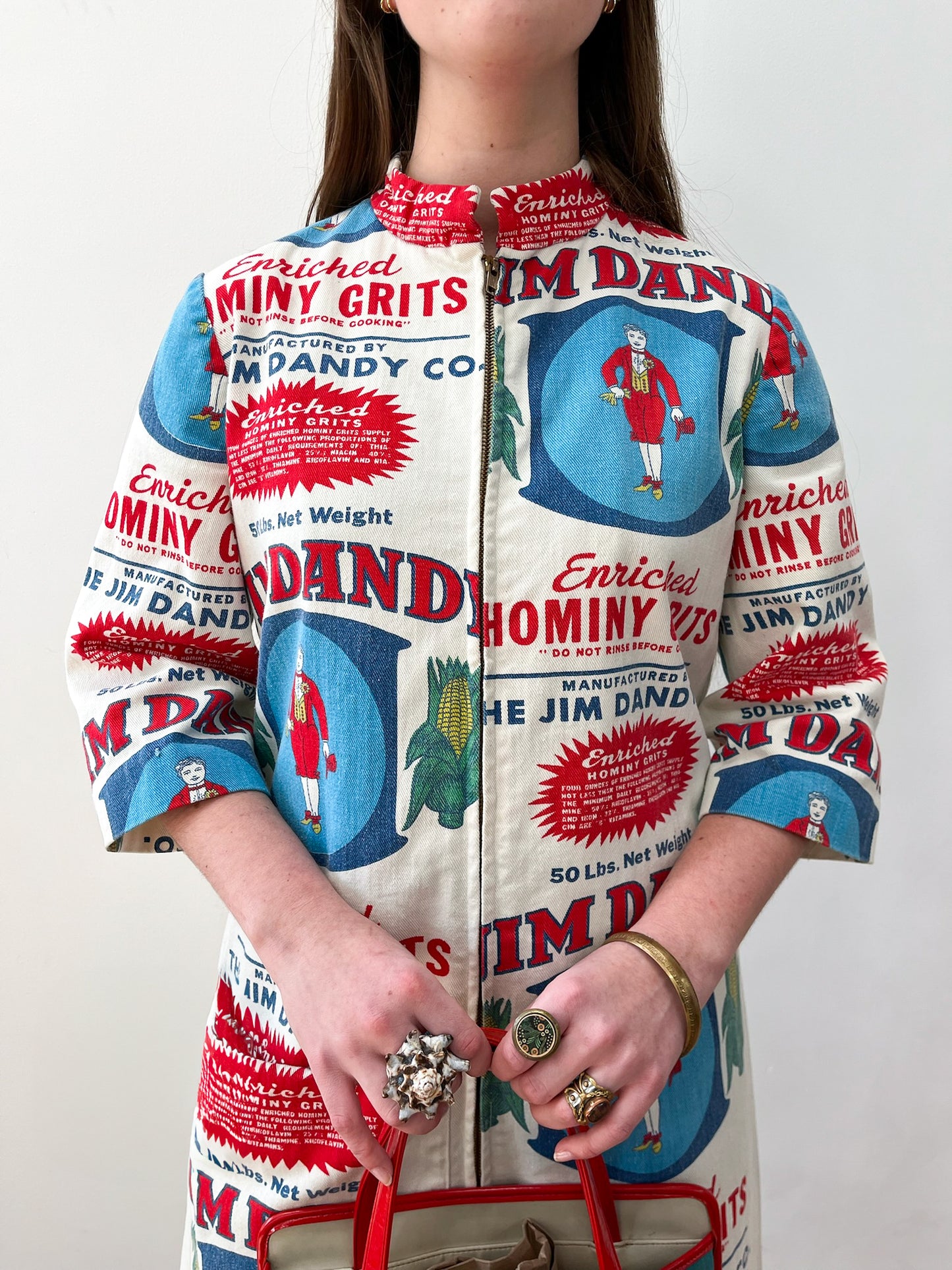 1970s Vintage Jim Dandy Hominy Grits Feedsack Advertising Coat and Purse Set