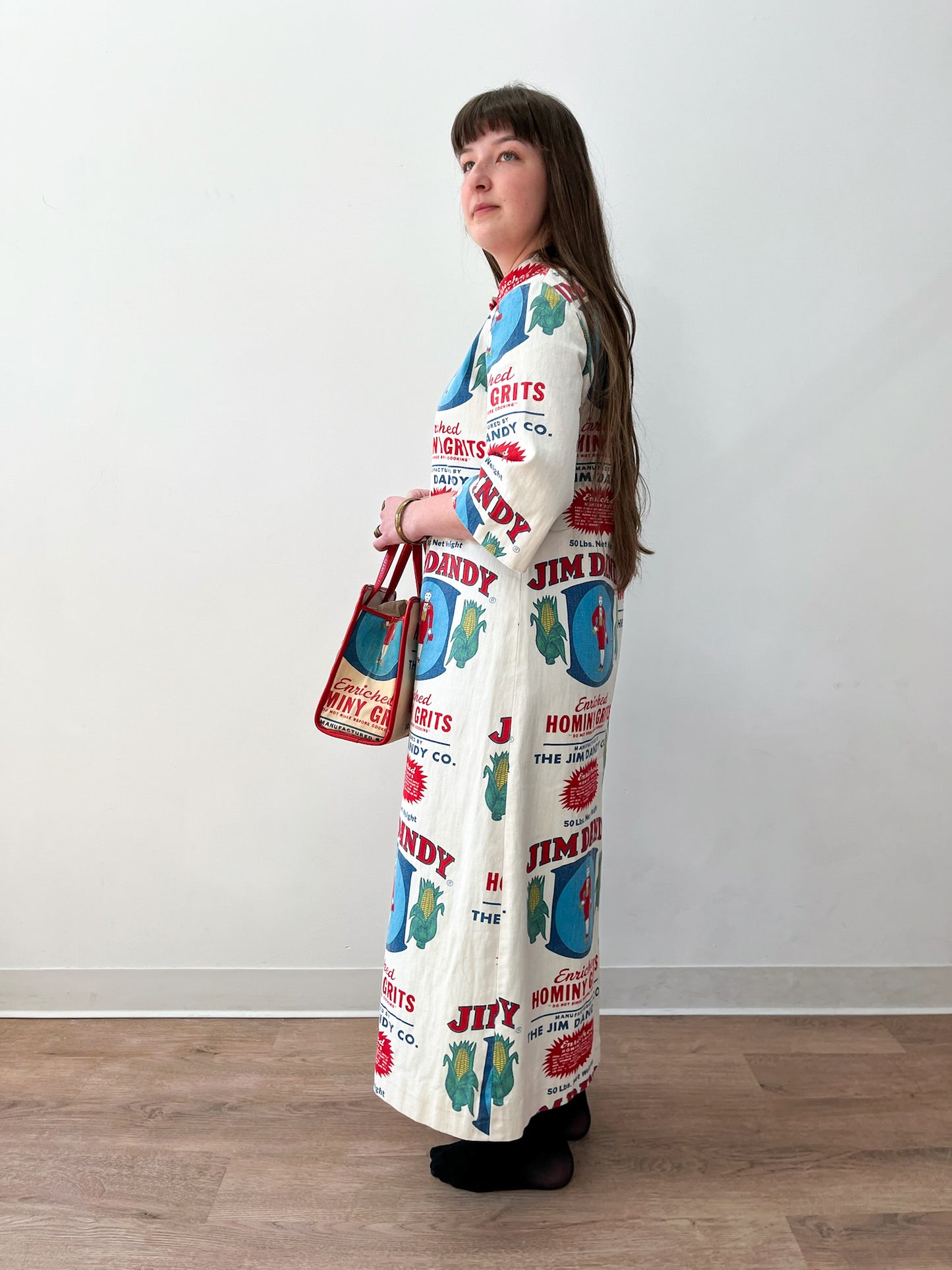 1970s Vintage Jim Dandy Hominy Grits Feedsack Advertising Coat and Purse Set