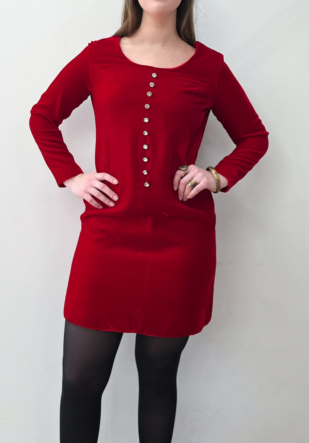 1960s Vintage Red Velvet Shift with Rhinestones