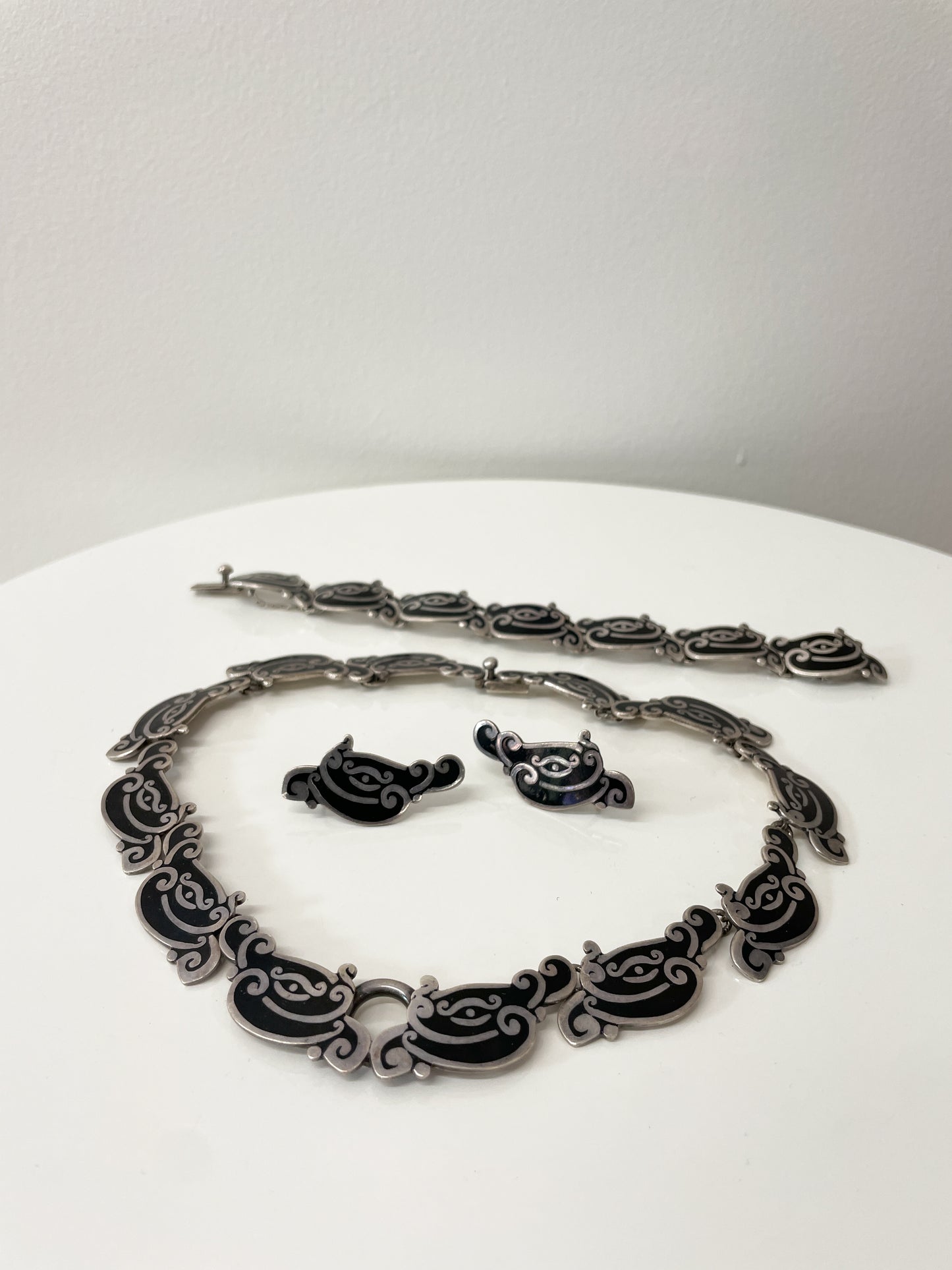 1950s Vintage Margot de Taxco Linear Serpent #5109 Enamel and Sterling 3 Piece Jewelry Set