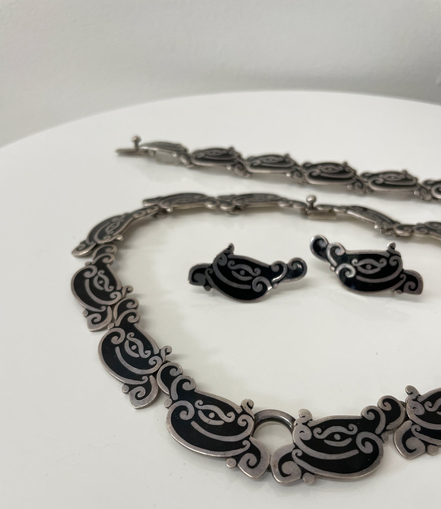 1950s Vintage Margot de Taxco Linear Serpent #5109 Enamel and Sterling 3 Piece Jewelry Set