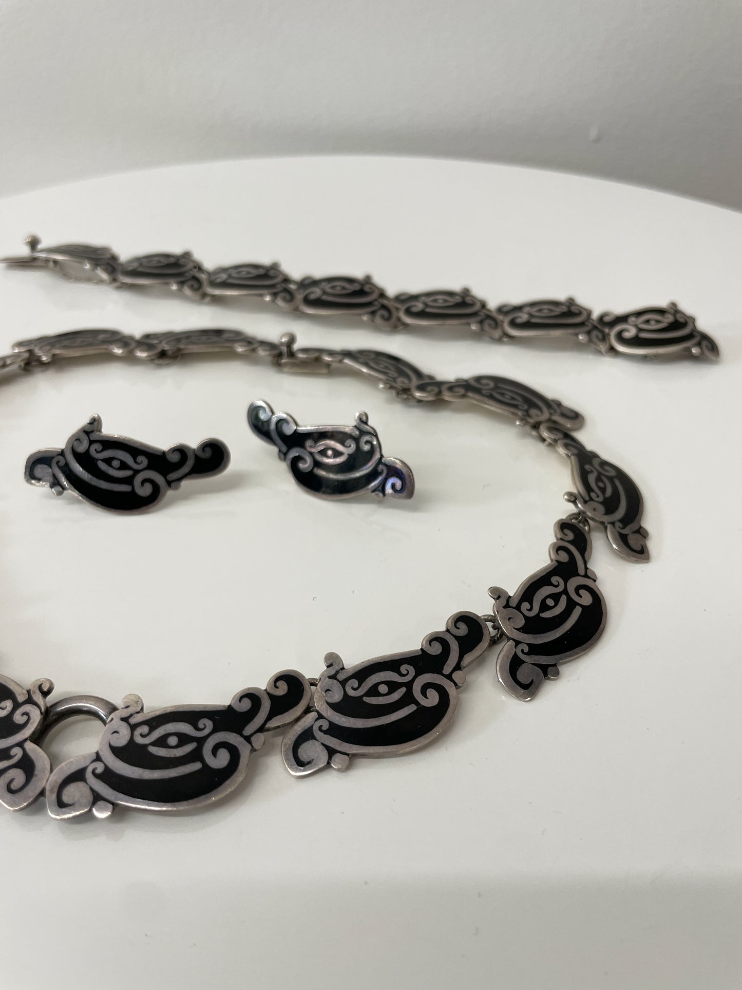 1950s Vintage Margot de Taxco Linear Serpent #5109 Enamel and Sterling 3 Piece Jewelry Set