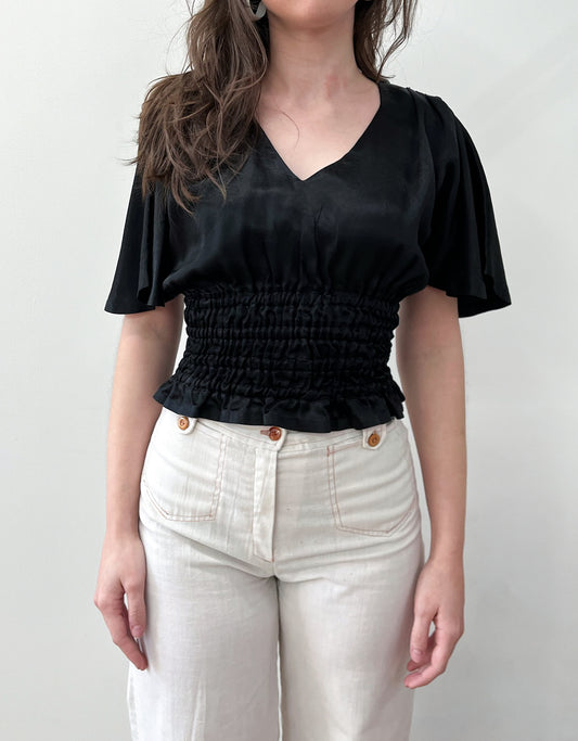 1970s Vintage Black Satin Cinched Waist Flair Disco Top