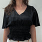 1970s Vintage Black Satin Cinched Waist Flair Disco Top