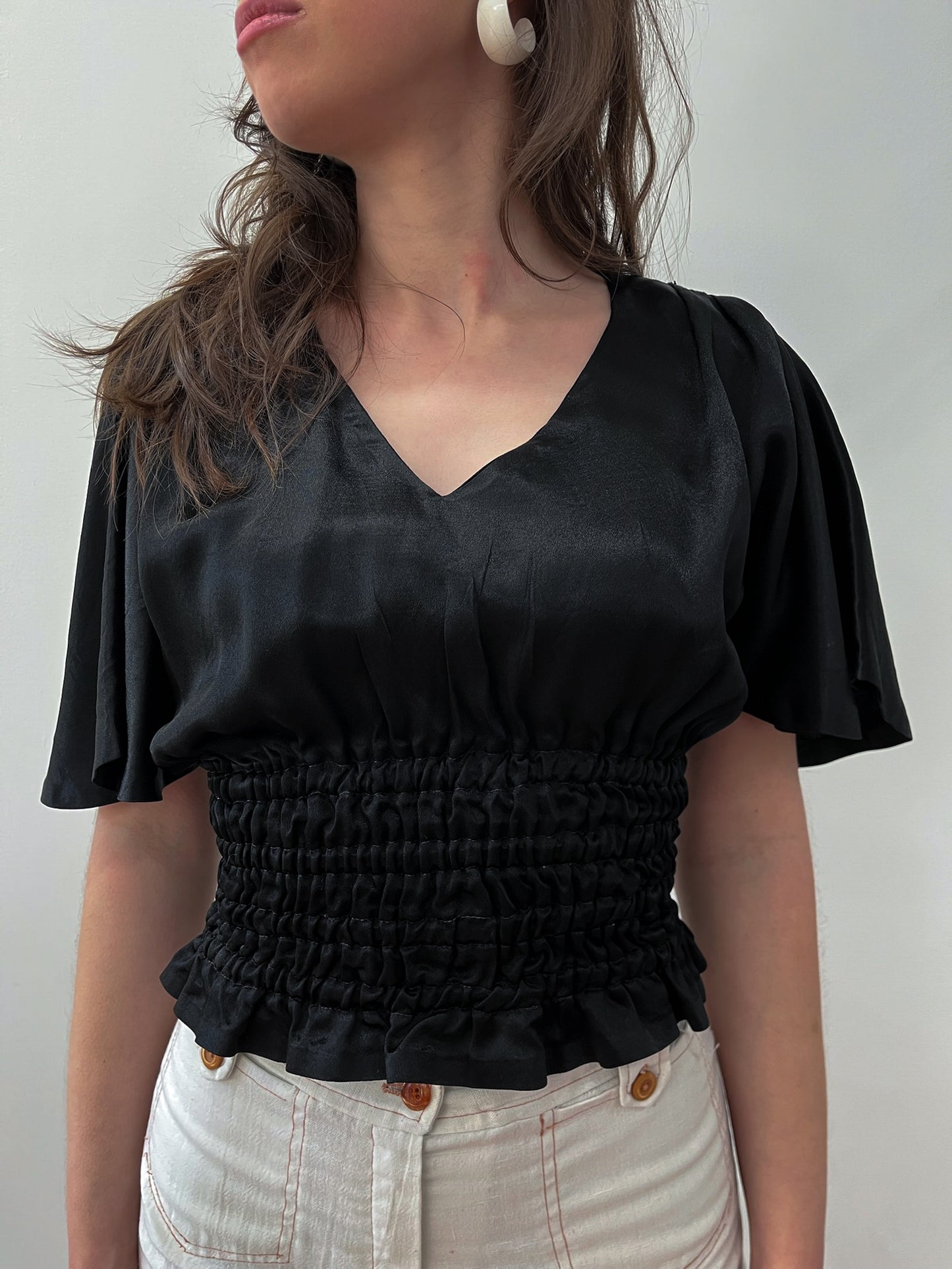 1970s Vintage Black Satin Cinched Waist Flair Disco Top