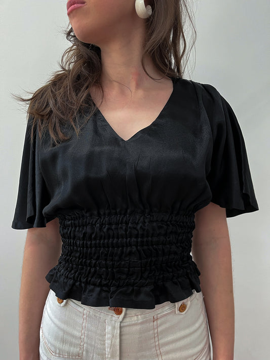 1970s Vintage Black Satin Cinched Waist Flair Disco Top