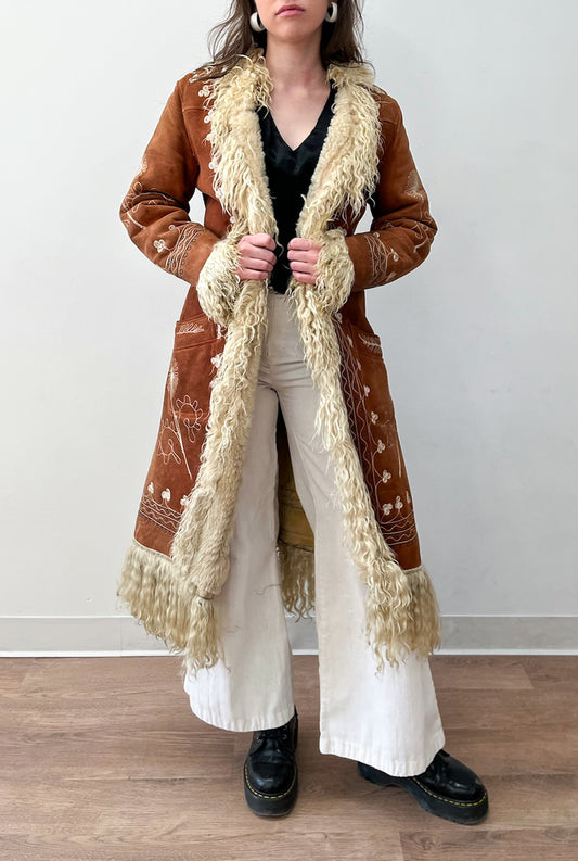 1970s Vintage Embroidered Curly Lamb Full Length Afghan Penny Lane Almost Famous Coat