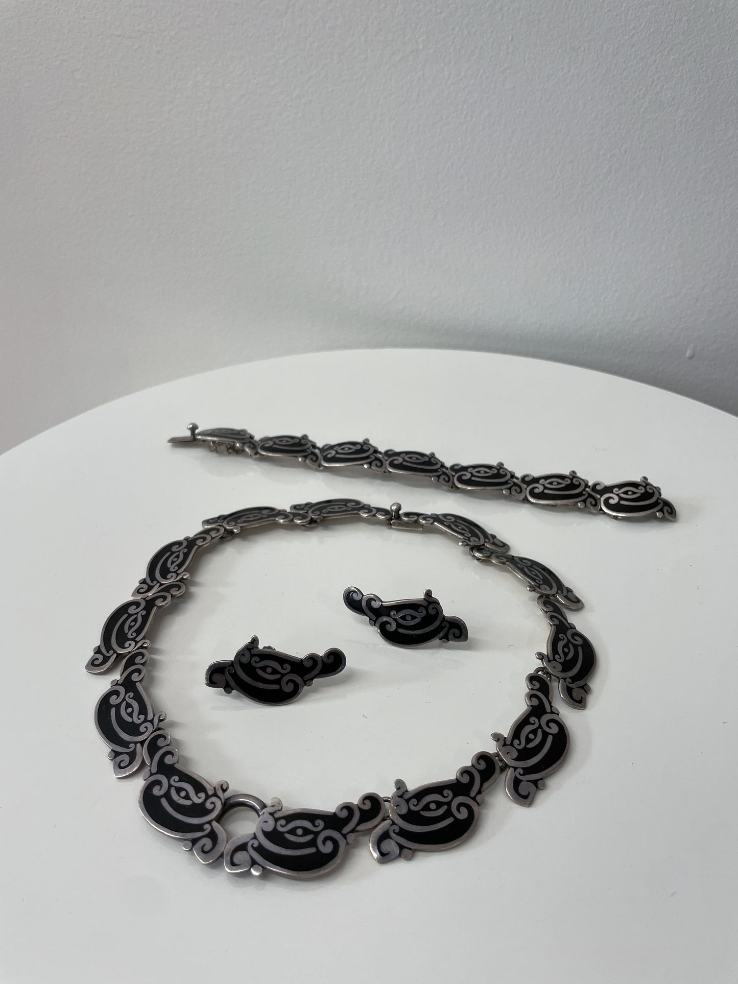 1950s Vintage Margot de Taxco Linear Serpent #5109 Enamel and Sterling 3 Piece Jewelry Set