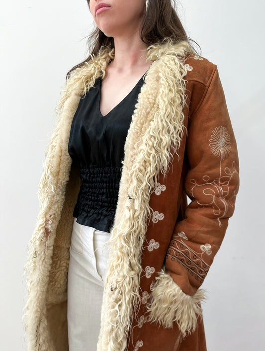 1970s Vintage Embroidered Curly Lamb Full Length Afghan Penny Lane Almost Famous Coat