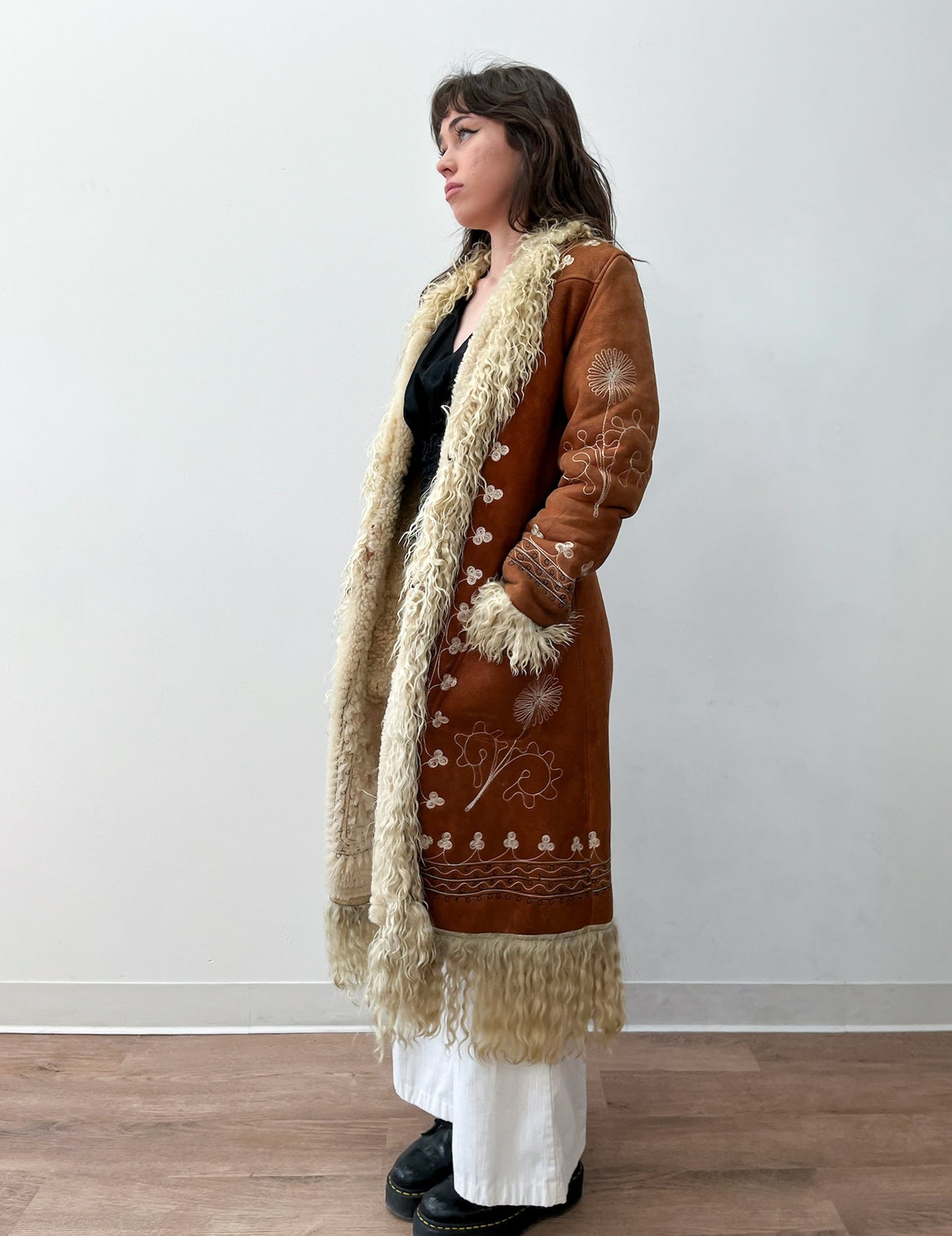 1970s Vintage Embroidered Curly Lamb Full Length Afghan Penny Lane Almost Famous Coat