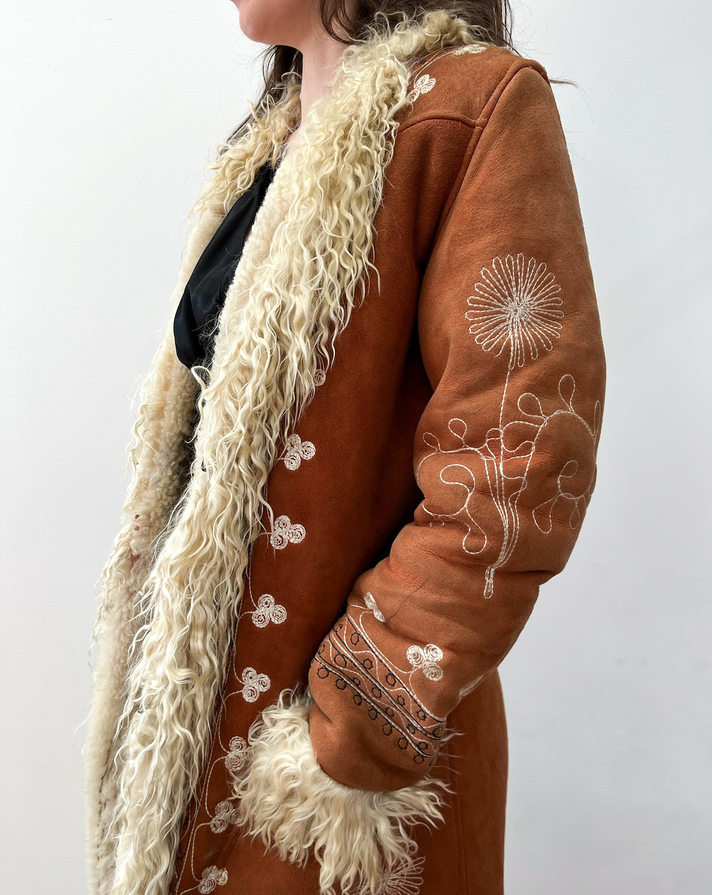 1970s Vintage Embroidered Curly Lamb Full Length Afghan Penny Lane Almost Famous Coat