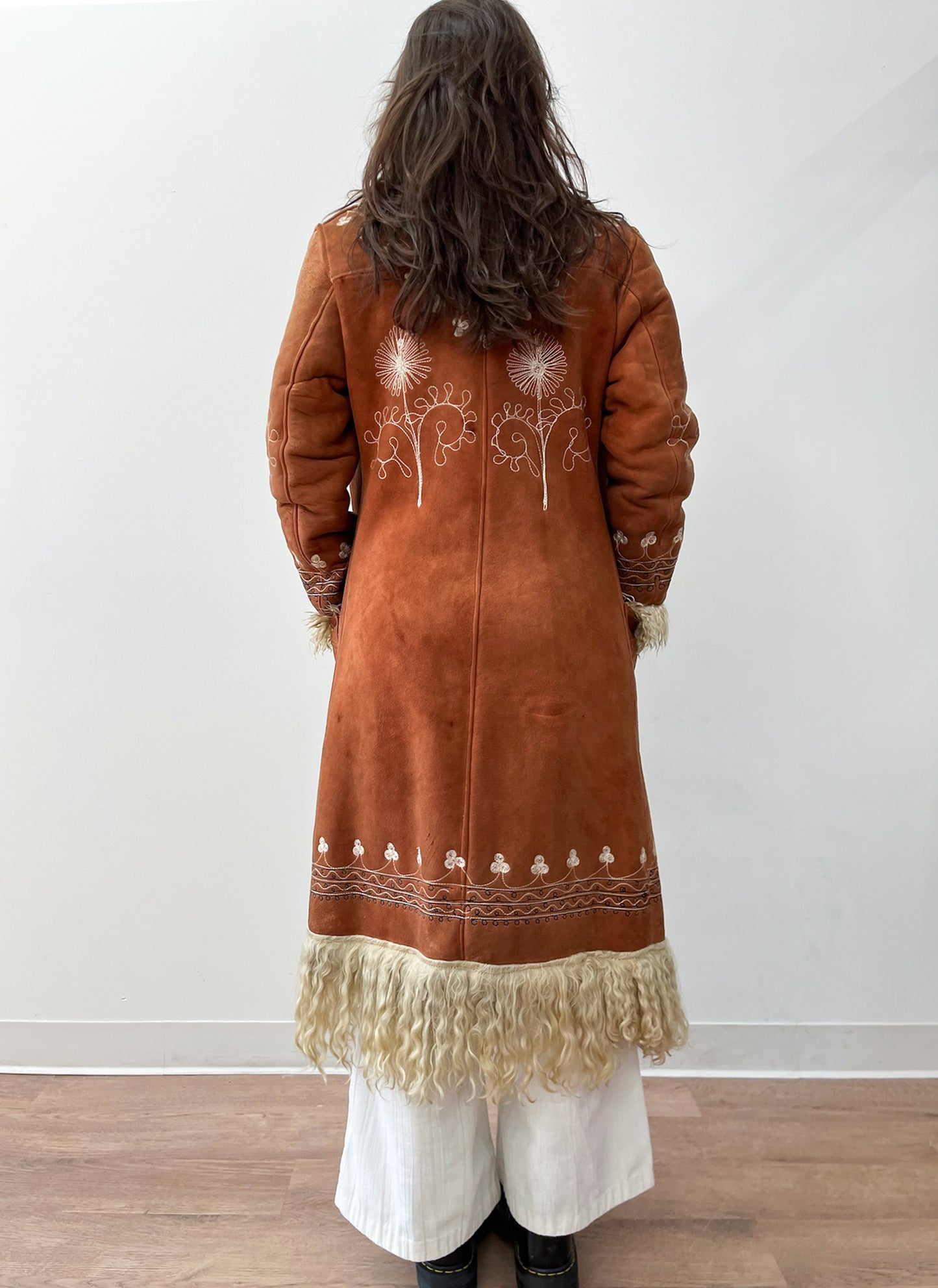 1970s Vintage Embroidered Curly Lamb Full Length Afghan Penny Lane Almost Famous Coat