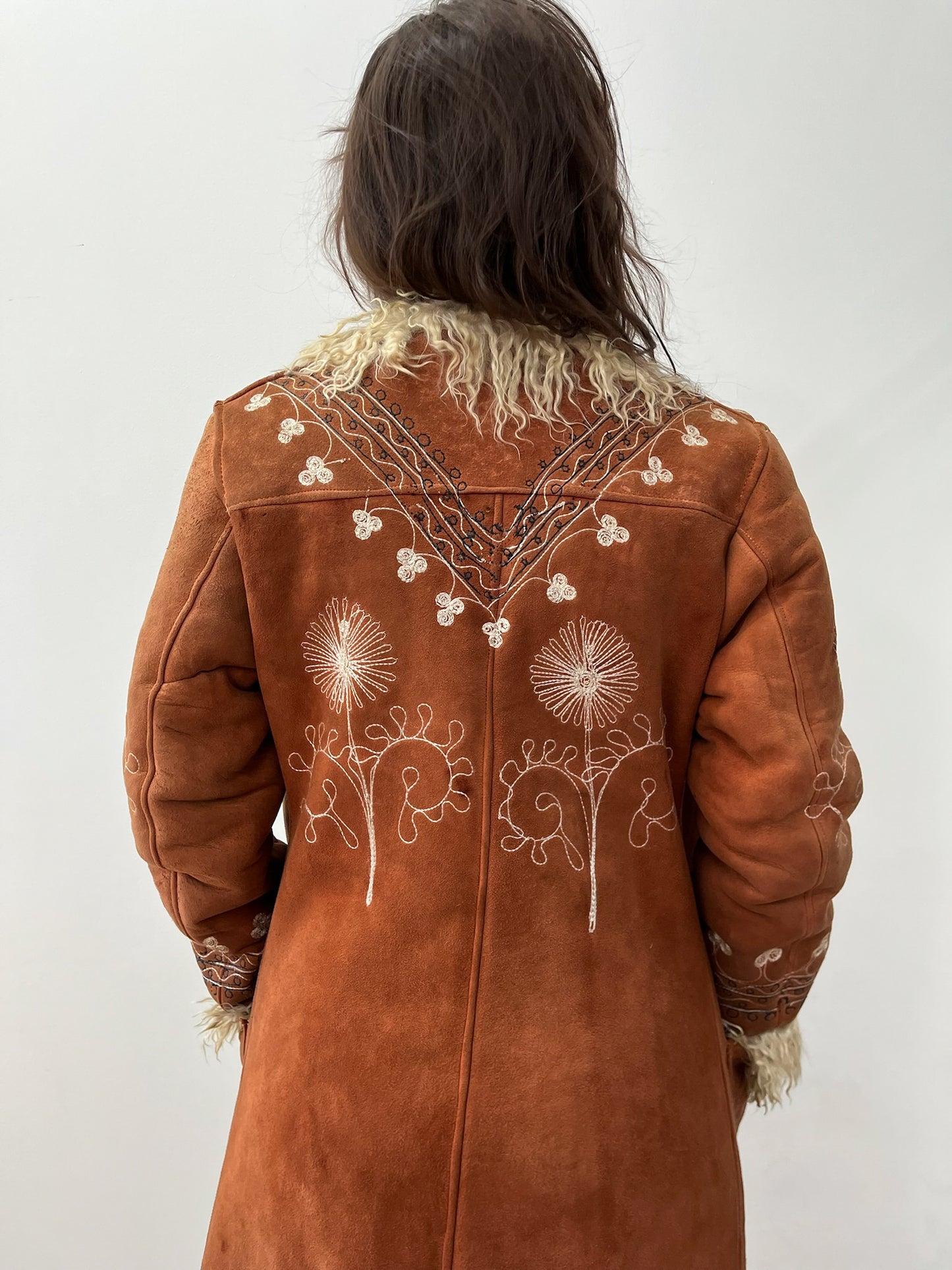 1970s Vintage Embroidered Curly Lamb Full Length Afghan Penny Lane Almost Famous Coat