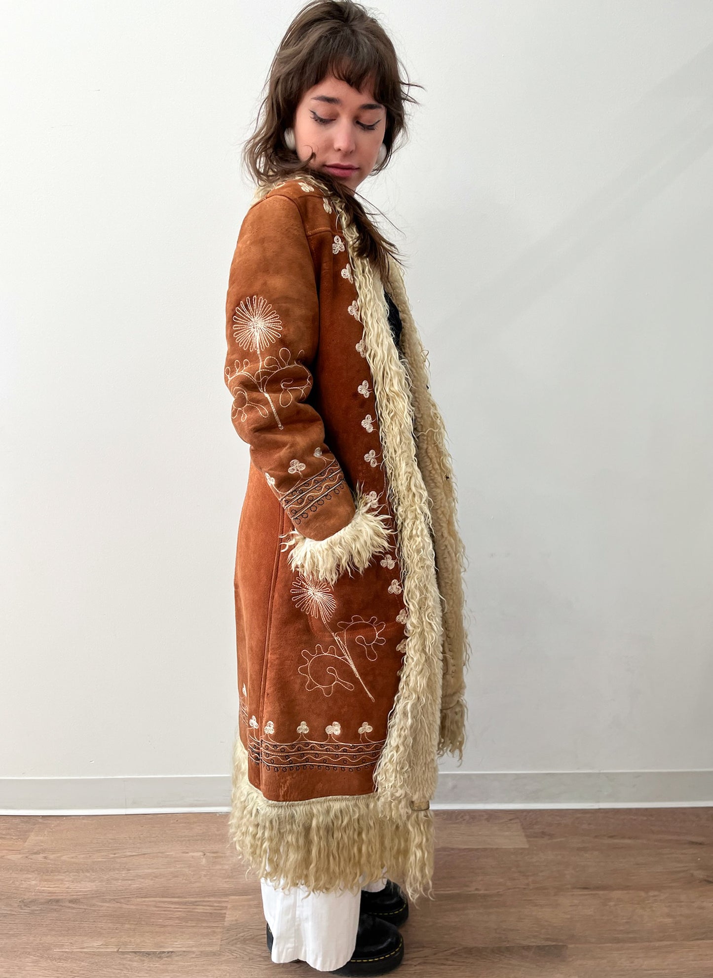 1970s Vintage Embroidered Curly Lamb Full Length Afghan Penny Lane Almost Famous Coat