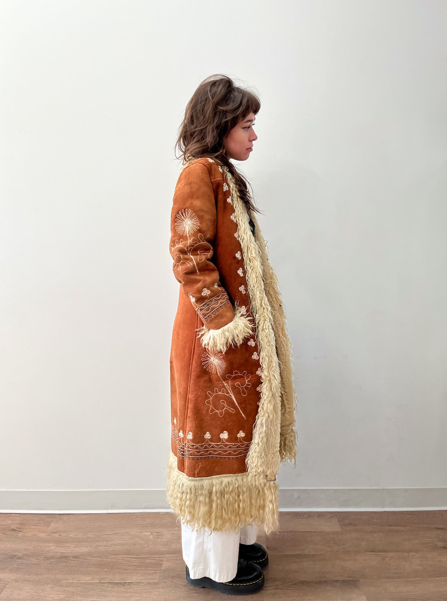 1970s Vintage Embroidered Curly Lamb Full Length Afghan Penny Lane Almost Famous Coat