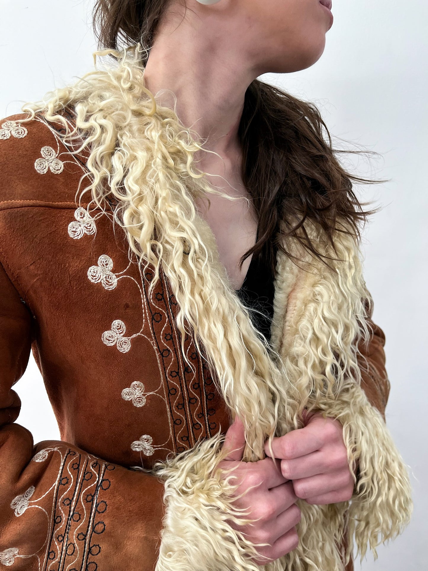 1970s Vintage Embroidered Curly Lamb Full Length Afghan Penny Lane Almost Famous Coat