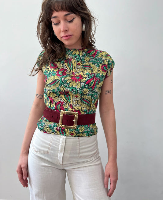 1970s Vintage Burgundy Suede Belt with Giant Gold Buckle