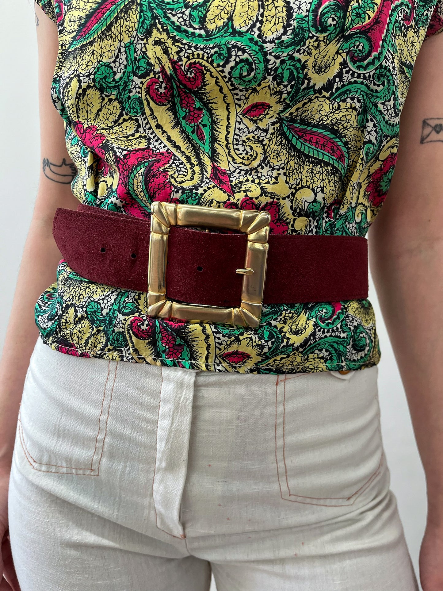 1970s Vintage Burgundy Suede Belt with Giant Gold Buckle
