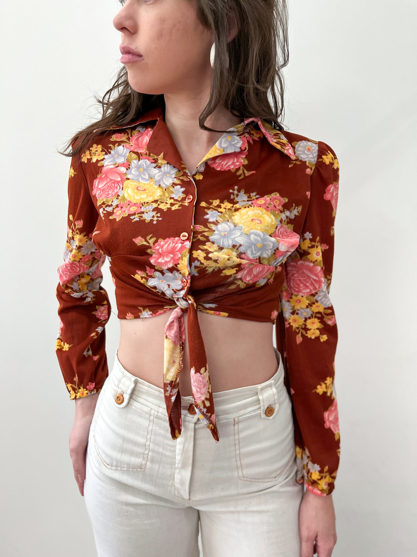1970s Vintage Floral Collared Disco Crop Top