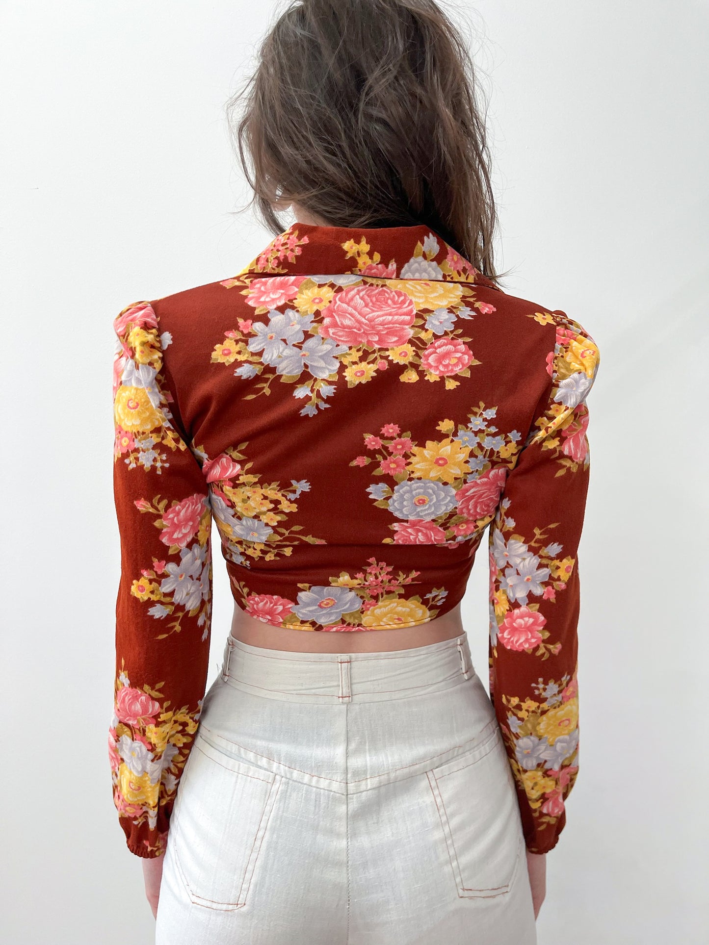 1970s Vintage Floral Collared Disco Crop Top