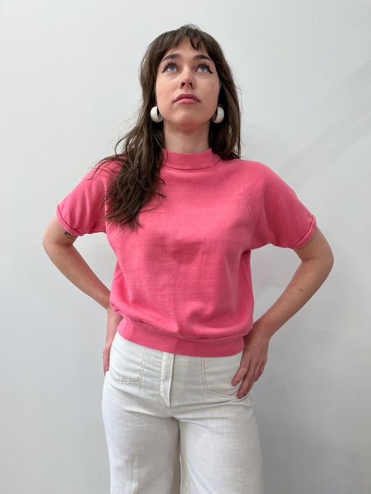 1970s Vintage Bright Bubblegum Pink Short Sleeve Raglan Crewneck