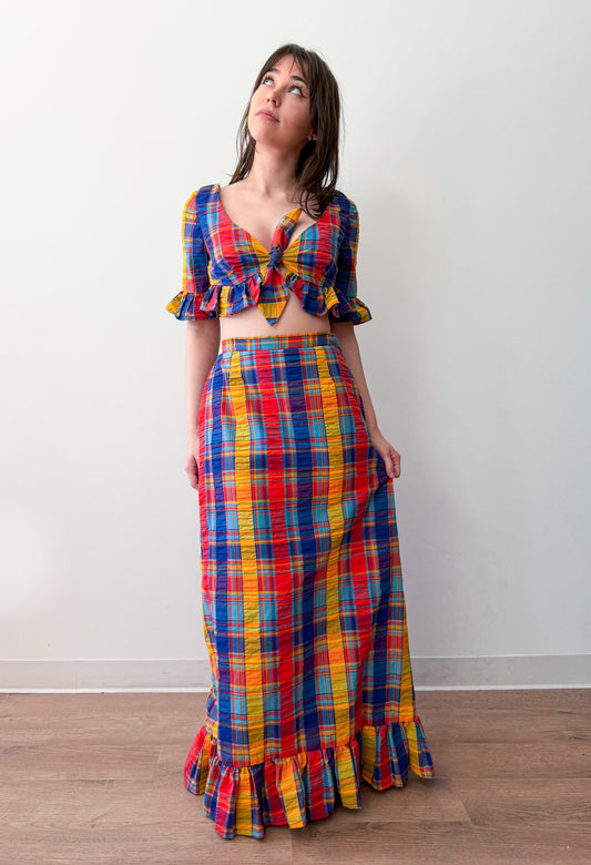 1960s - 1970s Vintage Handmade Madras Cotton Colorful Plaid Two Piece Set