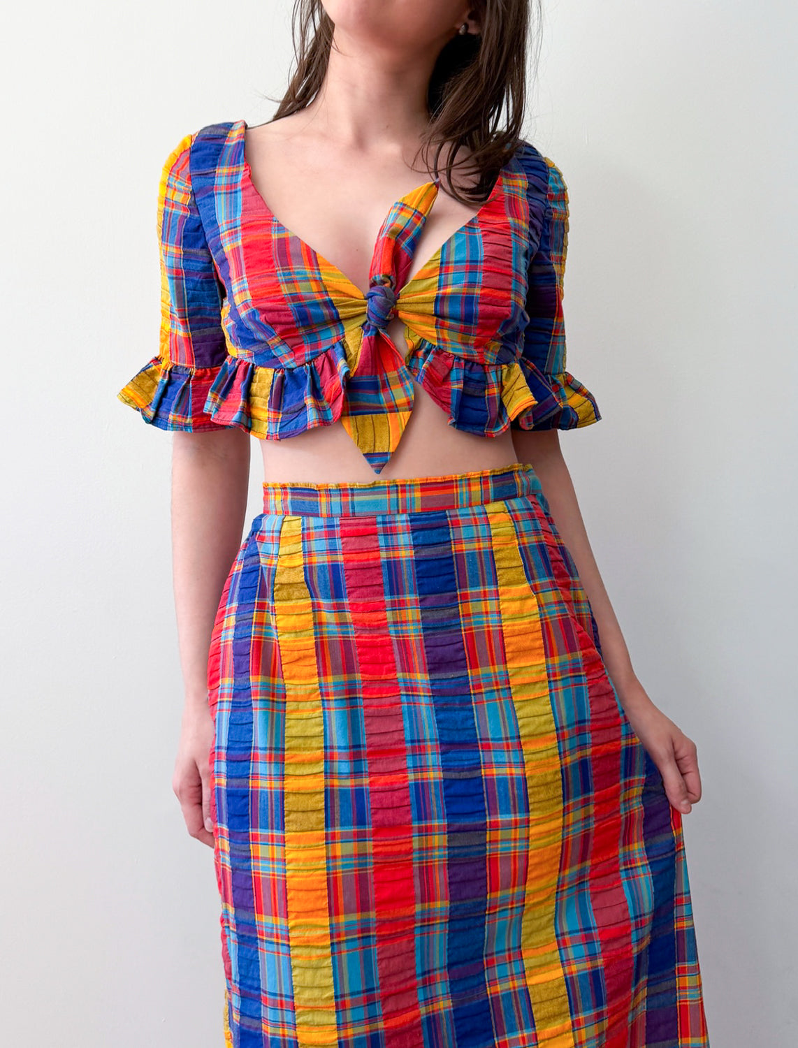 1960s - 1970s Vintage Handmade Madras Cotton Colorful Plaid Two Piece Set