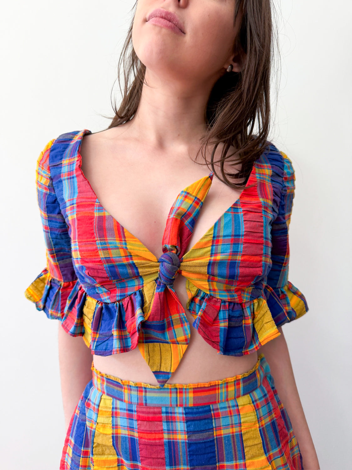 1960s - 1970s Vintage Handmade Madras Cotton Colorful Plaid Two Piece Set