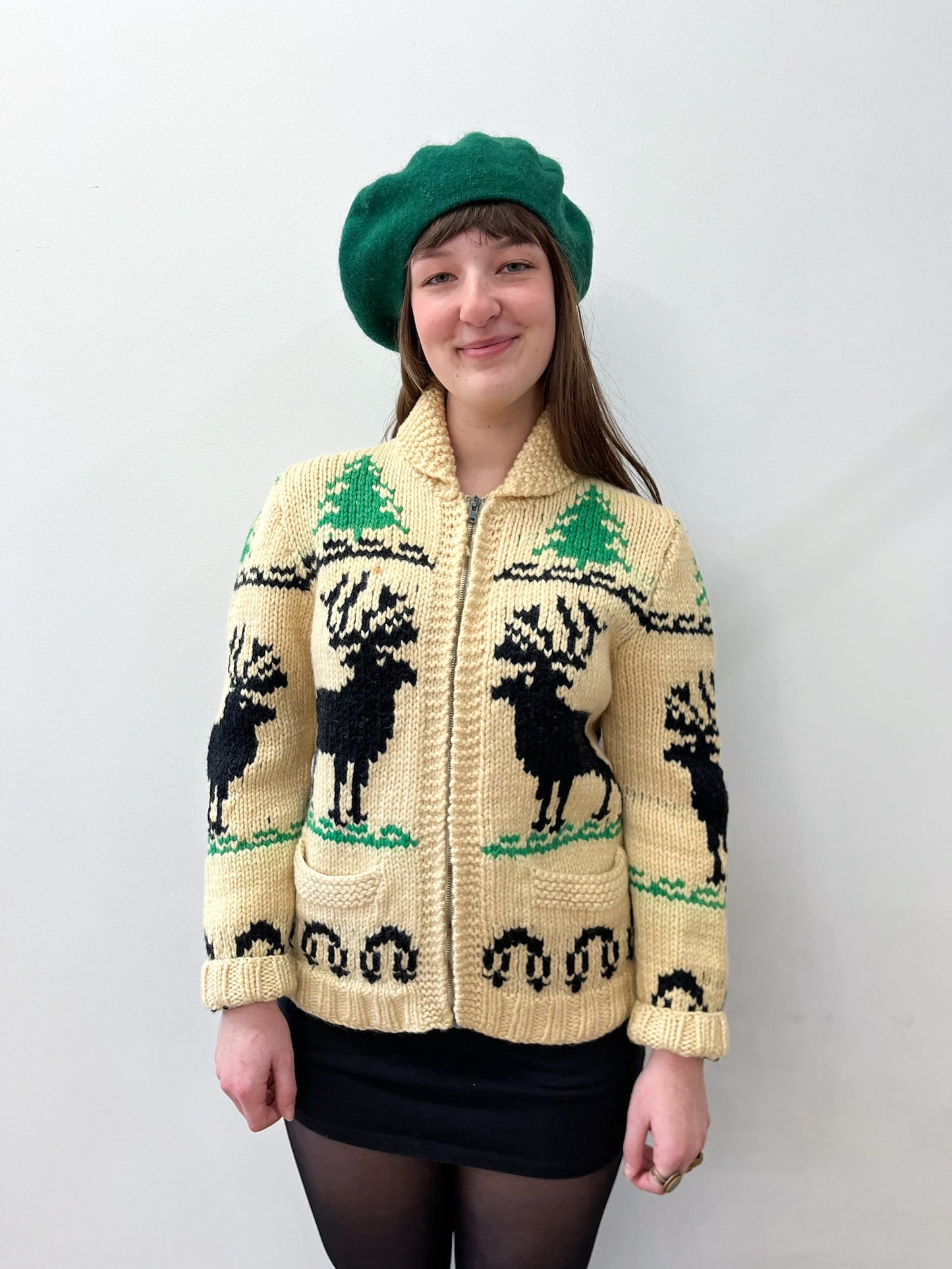 1950s Vintage Elk in the Forest Cowichan Zip Up Sweater