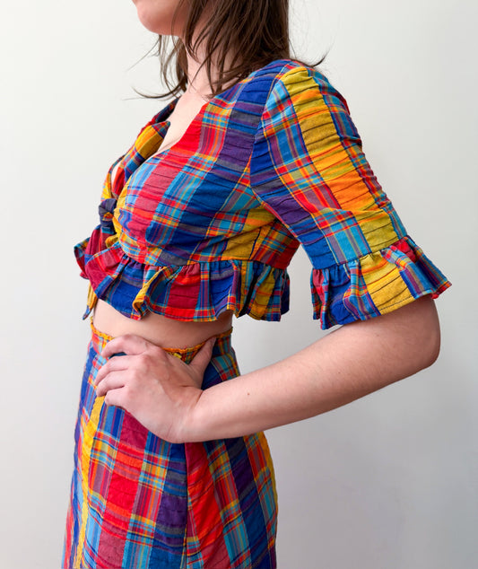 1960s - 1970s Vintage Handmade Madras Cotton Colorful Plaid Two Piece Set