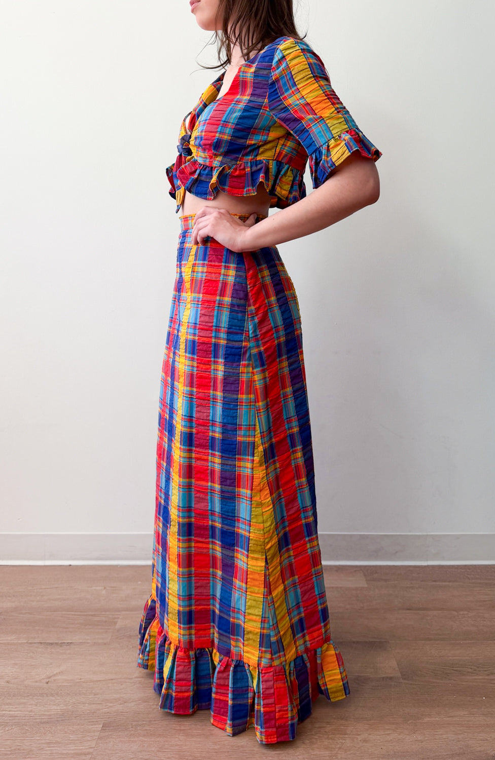 1960s - 1970s Vintage Handmade Madras Cotton Colorful Plaid Two Piece Set