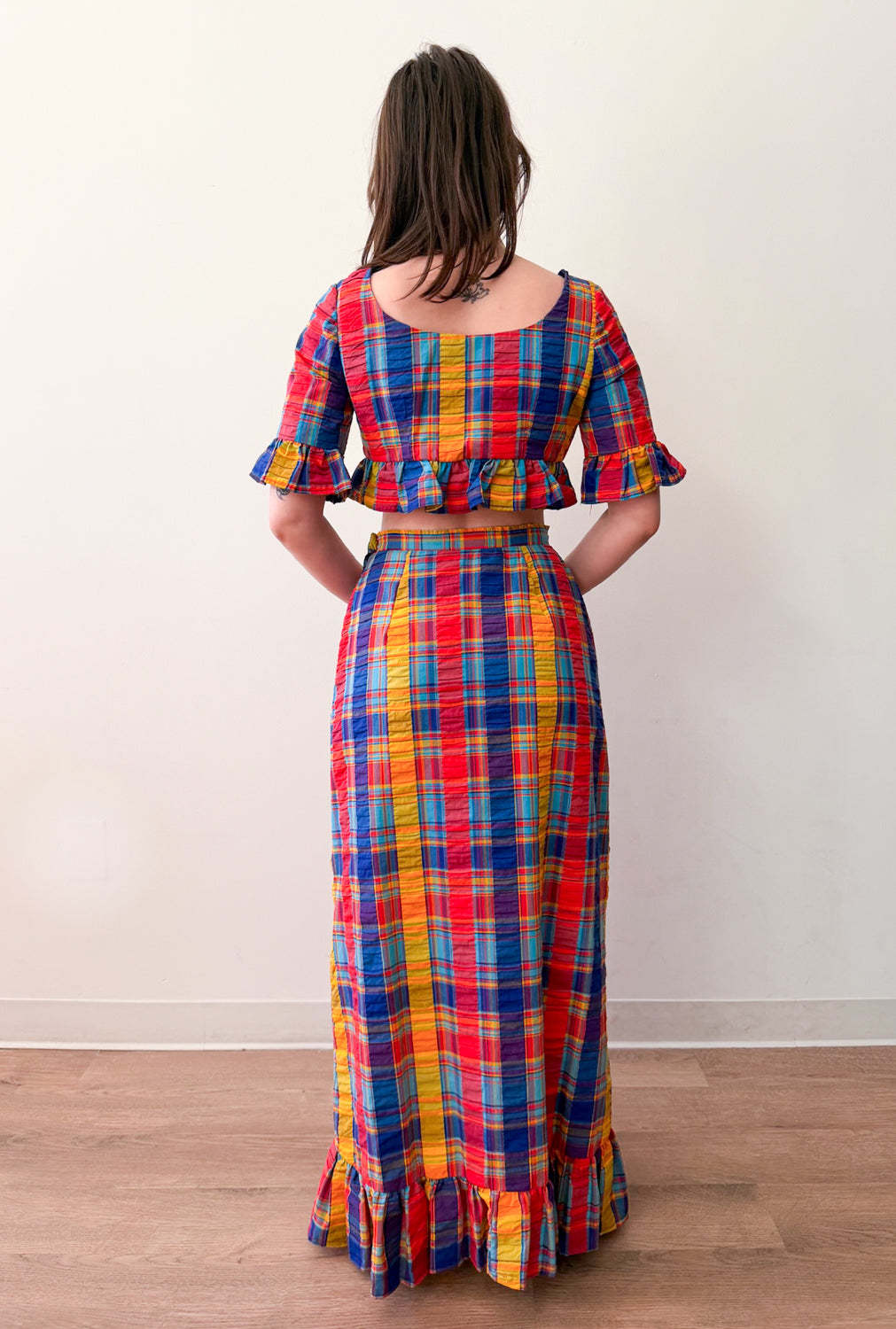 1960s - 1970s Vintage Handmade Madras Cotton Colorful Plaid Two Piece Set