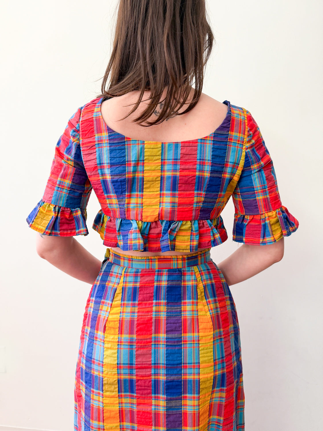 1960s - 1970s Vintage Handmade Madras Cotton Colorful Plaid Two Piece Set