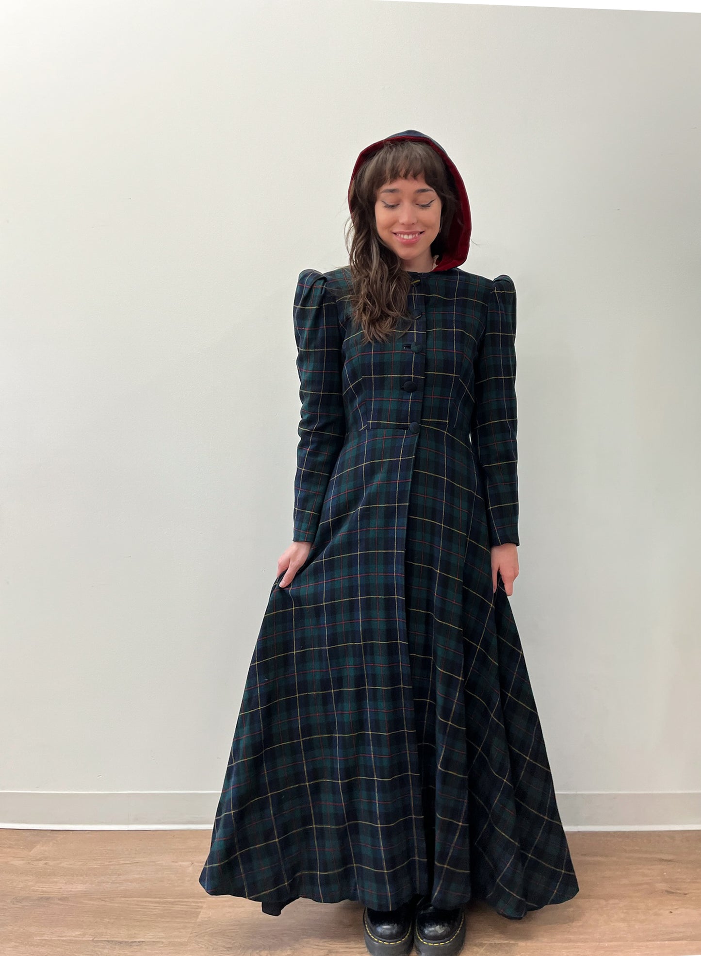 1940s Vintage Hooded Plaid Full Length Coat