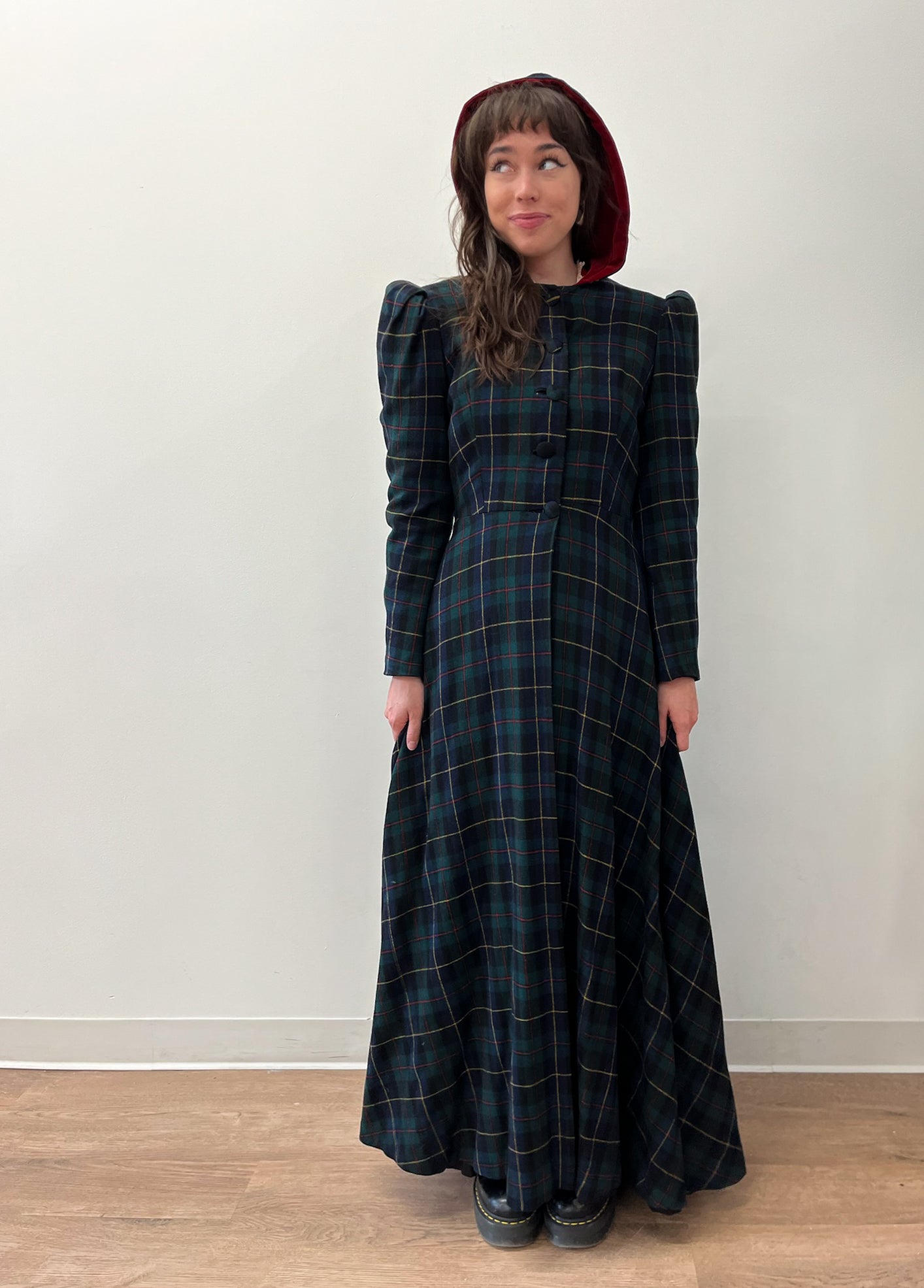 1940s Vintage Hooded Plaid Full Length Coat
