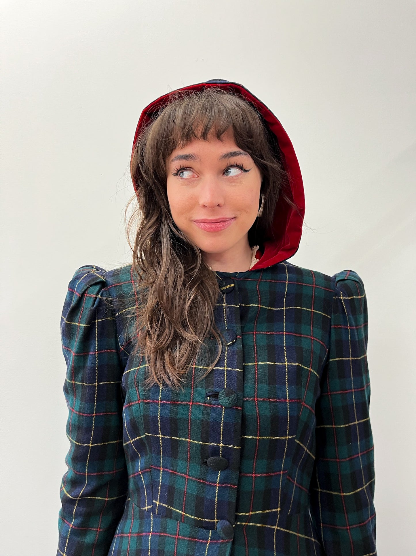 1940s Vintage Hooded Plaid Full Length Coat