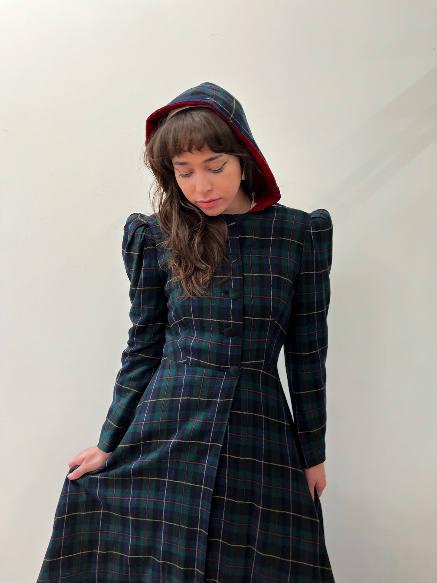 1940s Vintage Hooded Plaid Full Length Coat