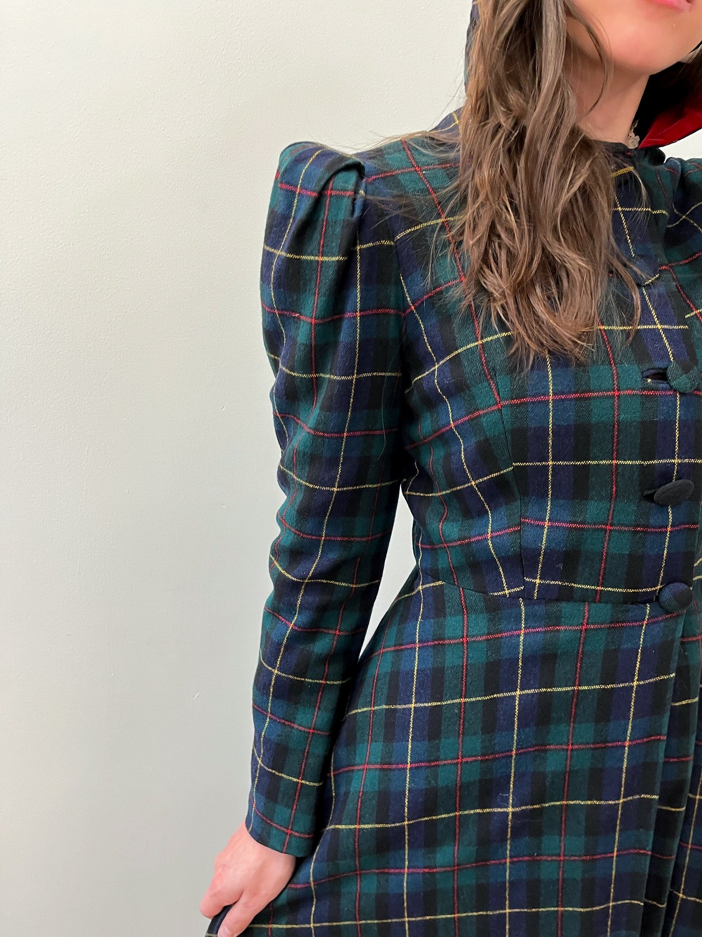 1940s Vintage Hooded Plaid Full Length Coat