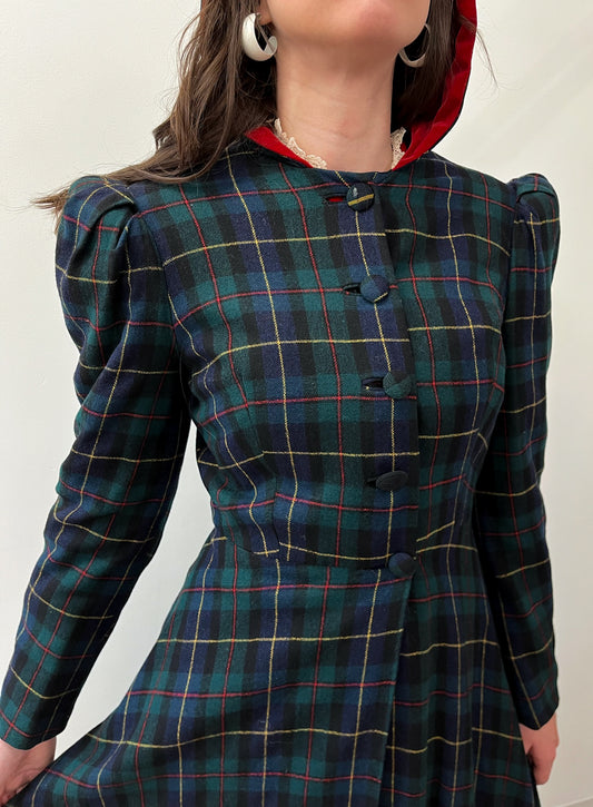 1940s Vintage Hooded Plaid Full Length Coat