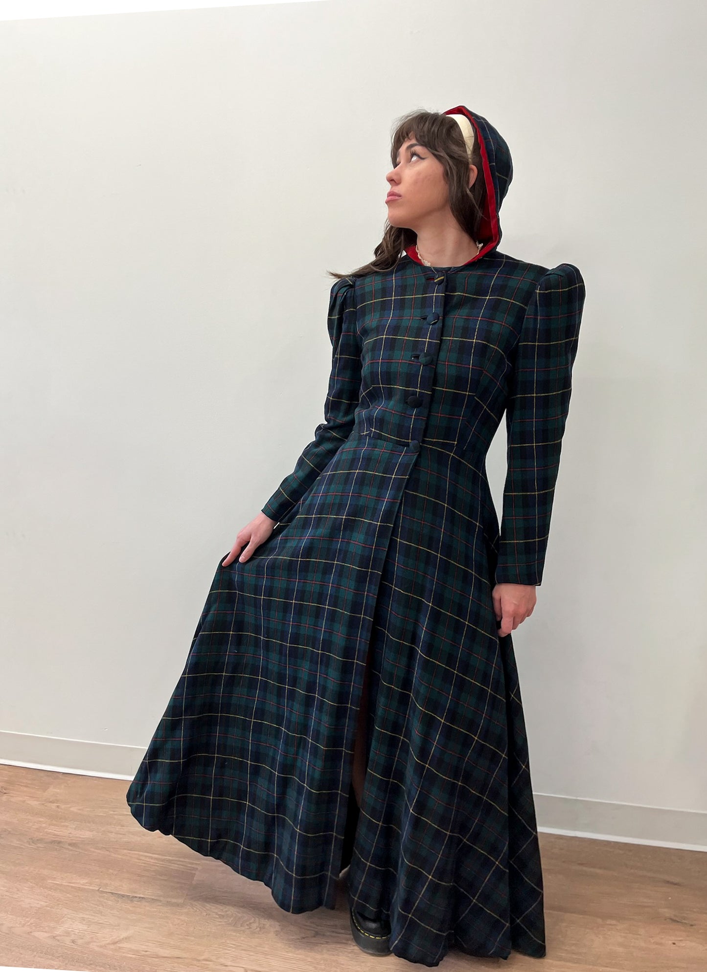 1940s Vintage Hooded Plaid Full Length Coat
